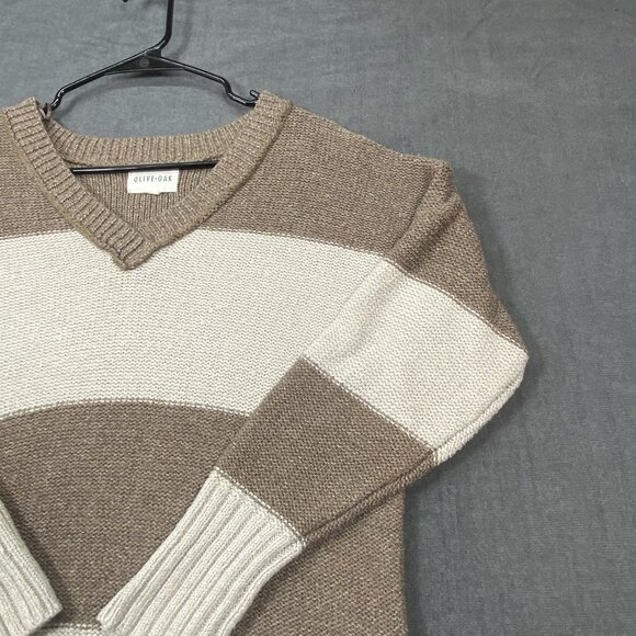 Olive+Oak Striped V-Neck Sweater Brown & Cream Polyester Ribbed Hem Womens M - Picture 3 of 10